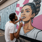 A vibrant urban art piece in progress, created by a skilled street artist.