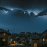 A serene village illuminated by the enchanting glow of a starry sky, creating a peaceful ambiance.