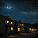 A serene village night scene with a dazzling starry sky, creating a tranquil atmosphere.
