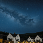 A quiet village under the enchanting glow of a starry night, perfect for night sky enthusiasts.