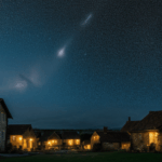 A mesmerizing starry night over a tranquil village, showcasing the magic of the night sky.