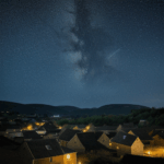 The night sky filled with stars above a tranquil village, offering a peaceful escape.