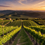 A picturesque vineyard scene bathed in the soft glow of a sunset, illustrating nature's tranquil artistry.