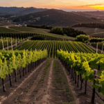 Vineyard charm in evening light, as the sunset glow enhances the natural beauty of the lush vines.