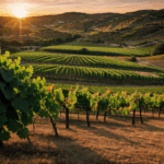 Evening light illuminating a vineyard, showcasing serene and tranquil beauty at dusk.