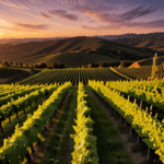 The warm hues of sunset illuminate a vineyard horizon, providing a breathtaking view of nature's splendor.