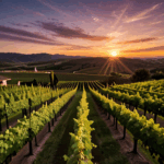 Vineyard in twilight, with the fading light of the sunset casting a peaceful ambiance over the scene.