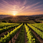 Vineyard landscape at sunset, the vibrant sky reflecting off the rows of vines, creating a magical scene.