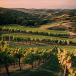 Stunning vineyard basked in sunset's beauty, rows of grapevines under a colorful sky.