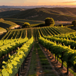 Panoramic view of a vineyard at sunset, the sky's colors reflecting off the lush vines in an enchanting display.