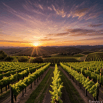Vineyard views during sunset, with the sky ablaze in warm hues, offering a serene and picturesque setting.