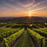 Wonders of a vineyard at sunset, with the landscape transformed by the vibrant colors of the sky.