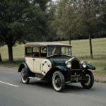 A vintage car parked on a winding country road under a clear blue sky, capturing the charm of classic automobiles and rural scenery.