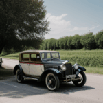 Vintage car journey through a scenic country road, offering a glimpse into the elegance and history of classic automobiles.