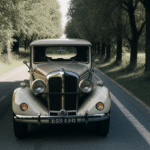 Vintage car on a scenic road, capturing the essence of classic automobiles and their appeal in a tranquil countryside environment.
