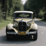 Vintage vehicle framed by a landscape of rolling hills and open skies, symbolizing the elegance of classic cars on country roads.