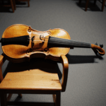 A wooden chair holds a violin, creating an evocative musical scene.