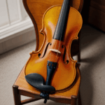 A violin delicately balanced on a wooden chair, symbolizing artistic beauty.