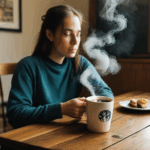 The warmth of a steaming cup on wood evokes a sense of coffee tranquility.