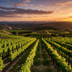A vineyard bathed in sunset glow, where the colors of the sky enhance the natural beauty of the scene.