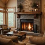 A warm living room featuring a beautifully designed fireplace as the focal point.