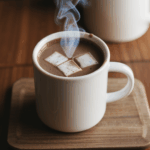 Warming cocoa creations captured in a mug of hot chocolate, with a touch of vanilla and a cinnamon stick.