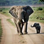 Wild elephants on a journey, highlighting maternal affection.