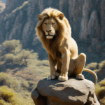 Wild lion sits proudly on a stone, embodying the essence of the animal kingdom.