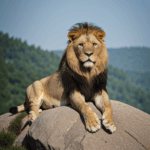 Wildlife lion majestic and powerful, sitting on a rock in its natural habitat.