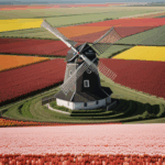 A serene scene of windmills amidst vibrant tulip fields, highlighting the peaceful coexistence of nature and history.