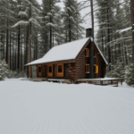 Winter forest hideaway with a rustic cabin enveloped in snow.