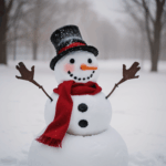 A snowman in a snowy wonderland, adorned with a bright red scarf, exemplifying winter creativity.