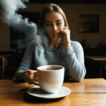 The soothing steam of a coffee cup rises from a wooden table, promising a delightful coffee escape.