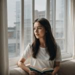 A young woman engrossed in a book, sitting by a sunlit window, creating a peaceful reading ambiance.